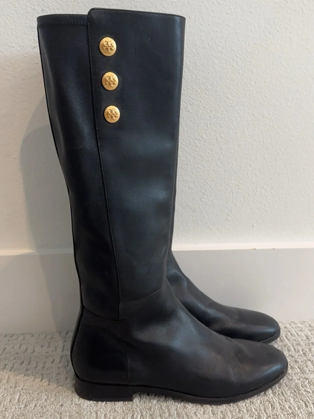 Tory Burch Naomi Black Leather Knee-High Riding Boots with Gold Button Detail